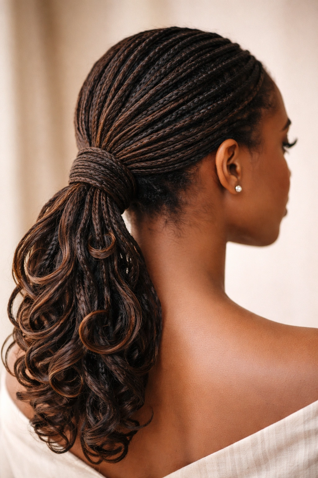 Close-up of a low ponytail with spiral curls wrapped around the base created from locs