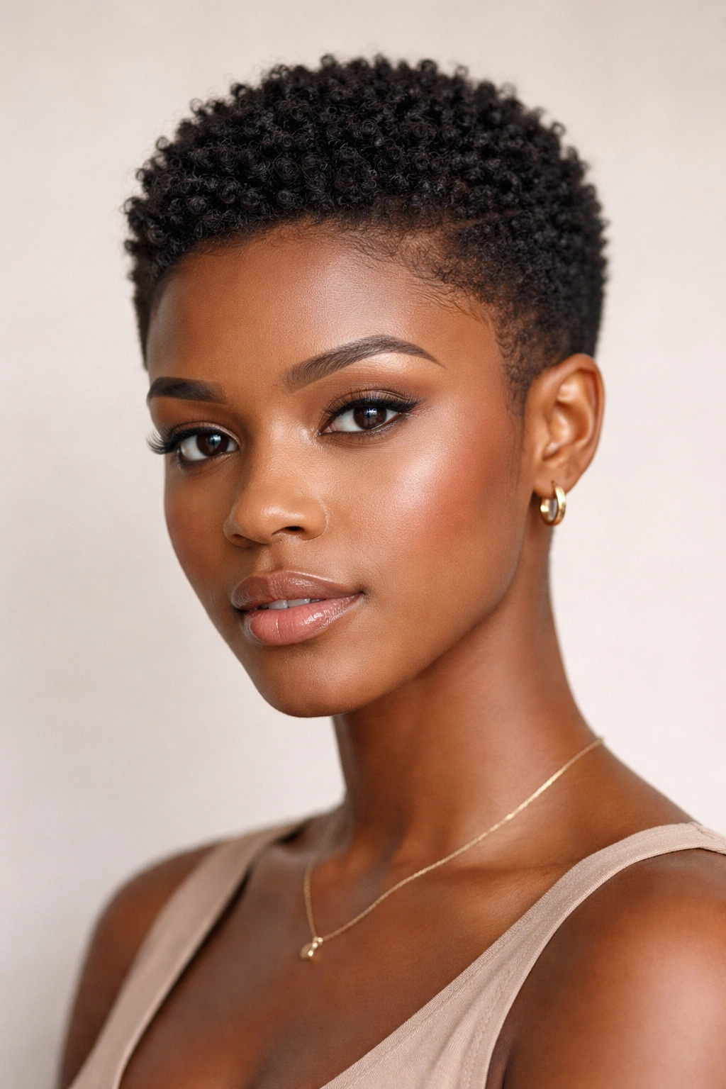Portrait of a woman with a low-cut tapered TWA and subtle crown texture.