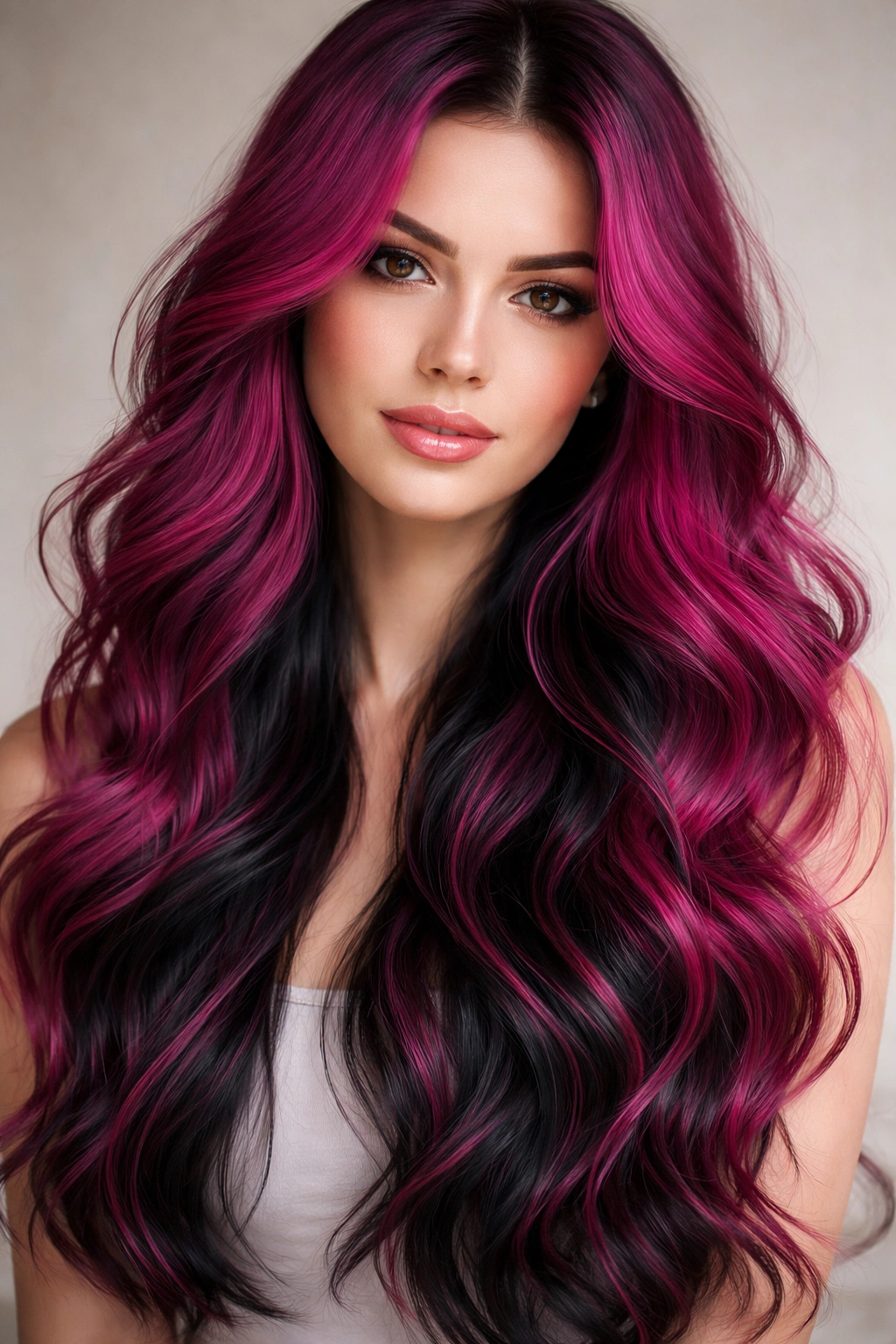 Magenta hair with hidden black underlayer visible in waves