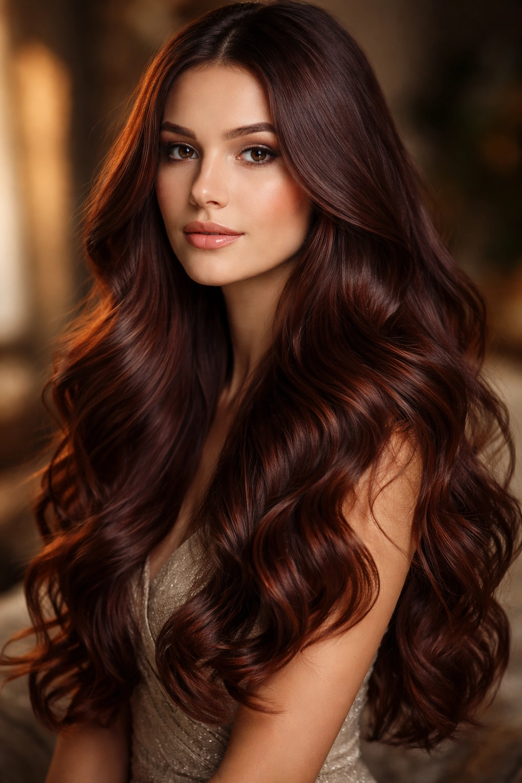Close-up of long mahogany brown hair with loose waves and warm undertones.