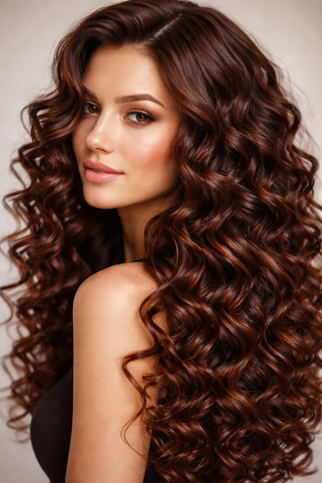 Close-up of mahogany brown spiral waves with tight curls
