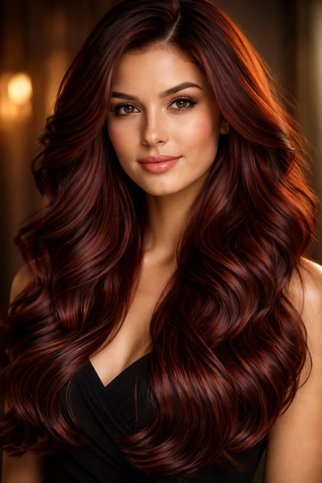 Mahogany hair with long layers and flowing waves