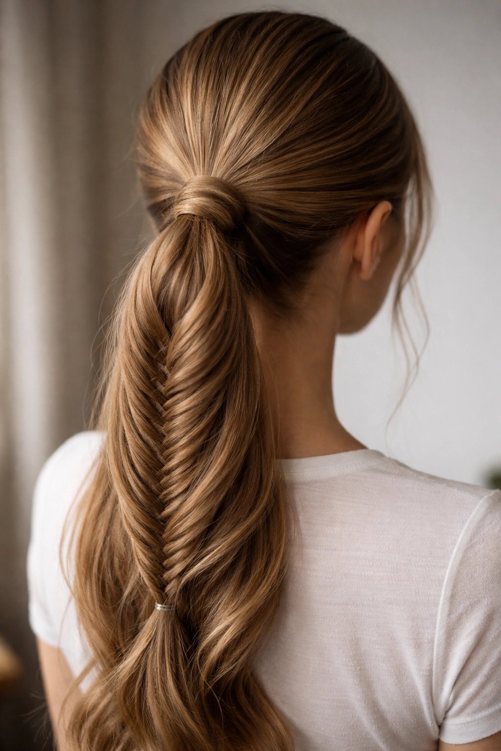 Secure fishtail ponytail with concealed pins, ready for day-long wear.
