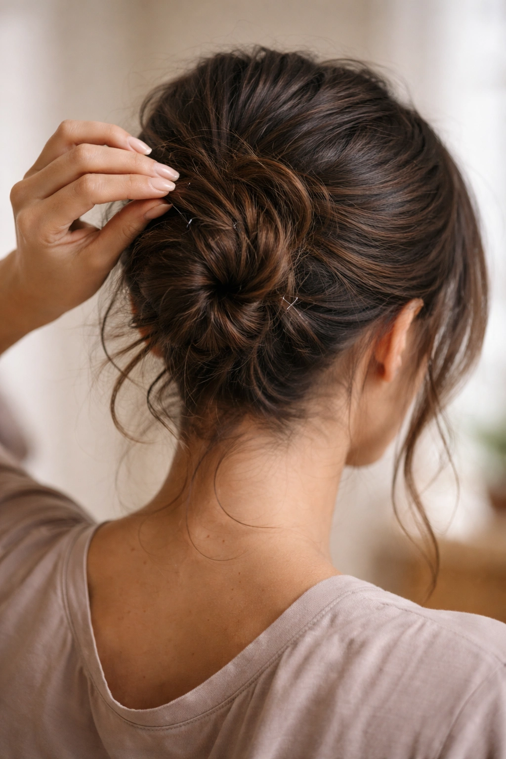 Brunette hand adjusts a messy bun to maintain its shape
