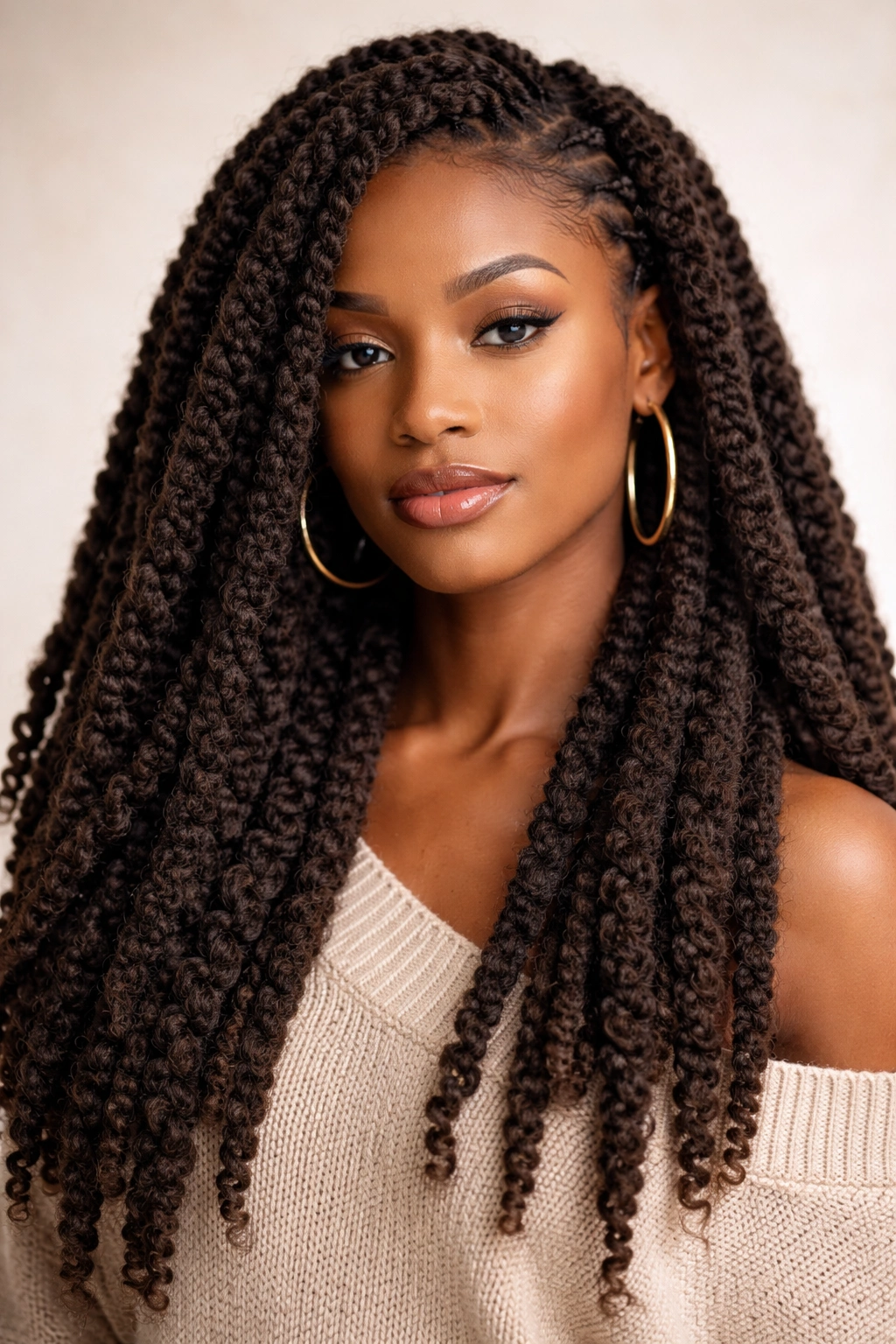 Chunky Marley braids with kinky texture on natural hair