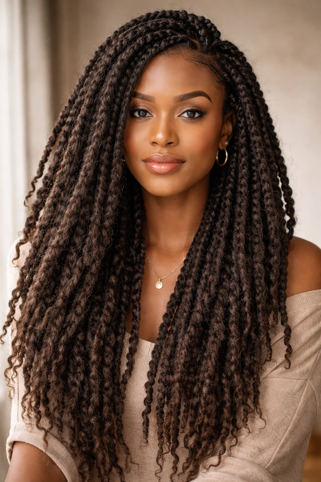 Head-on Marley braids with textured synthetic hair