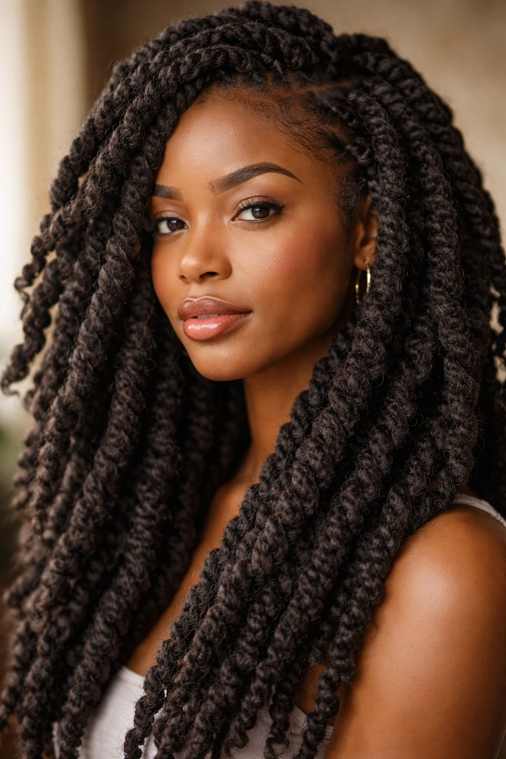 Close-up of Marley twists with thick yarn wrapped around natural hair