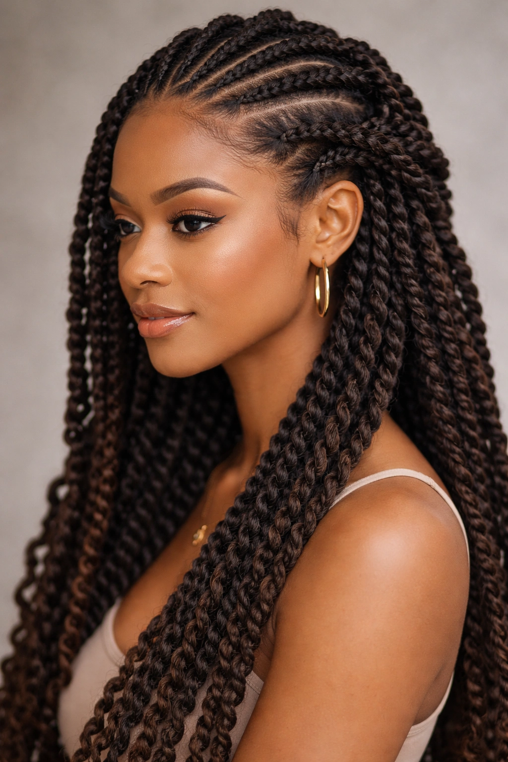 Close-up of Marley twists combined with braids featuring cornrows and crown braid