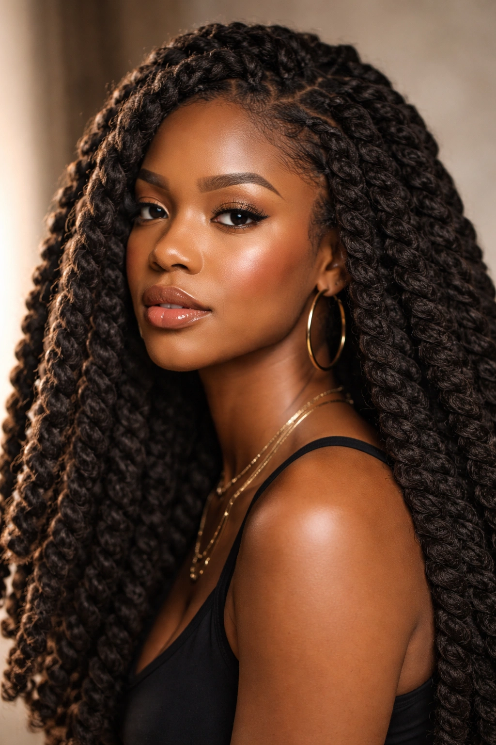 Thick Marley twists crochet hairstyle with chunky texture
