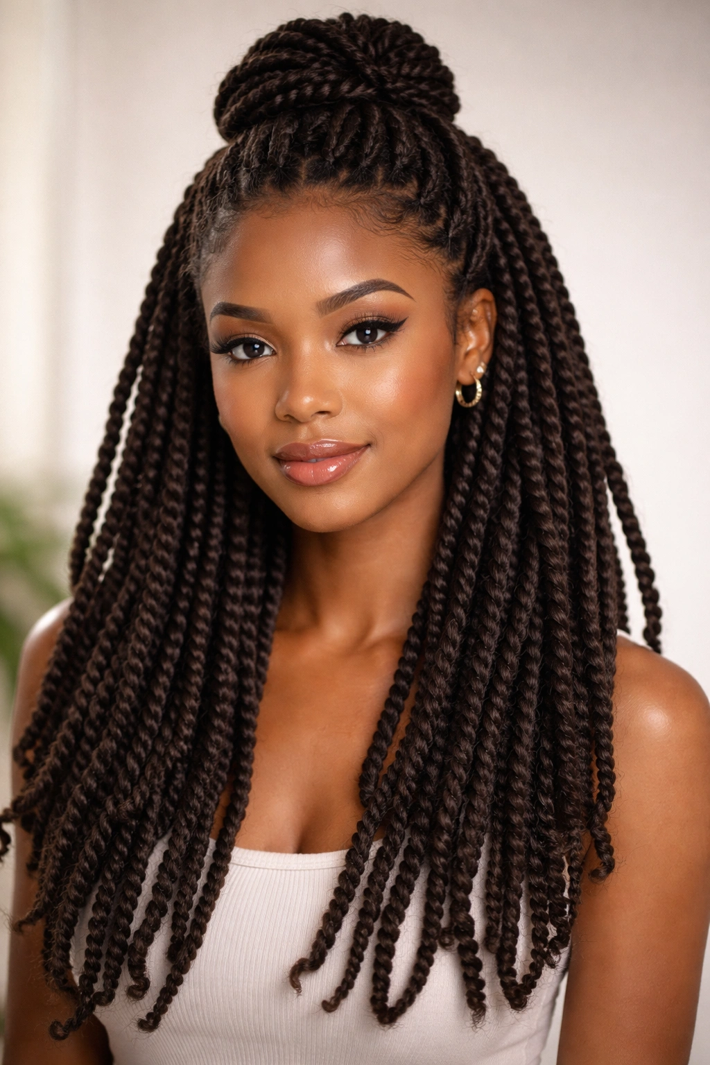 Half-up half-down Marley twists secured at crown with rest down.