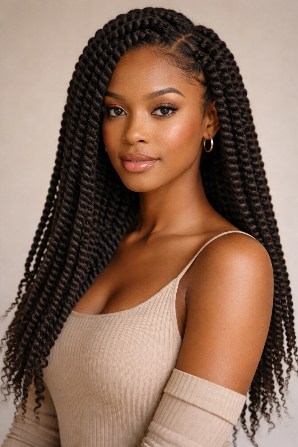 Close-up of medium-thickness Marley twists on a neutral studio backdrop.