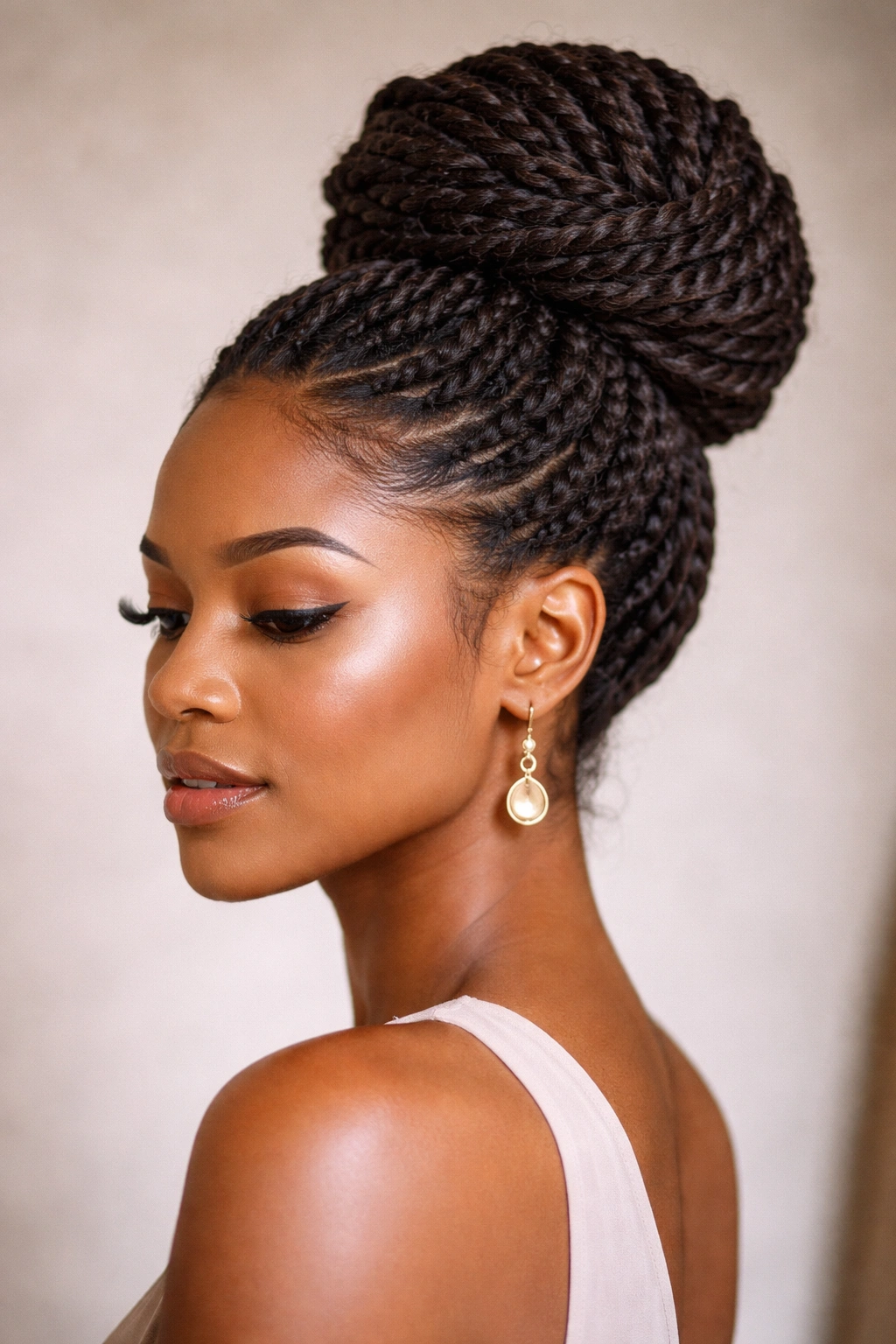 Elegant updo of Marley twists in a high bun.