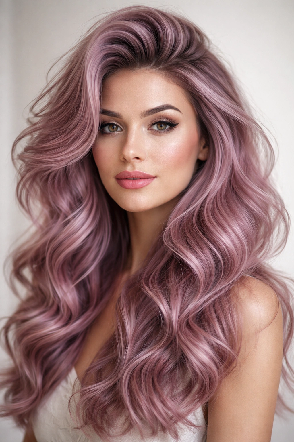 Voluminous mauve pink waves with crown lift and purple undertones