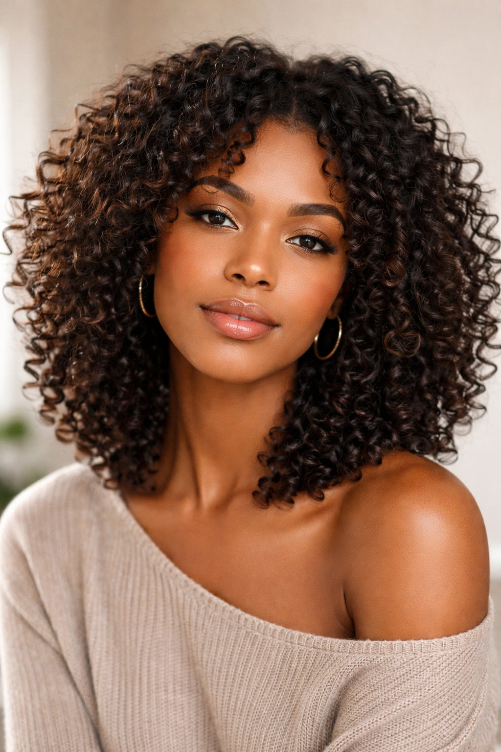 Close-up of a person with shoulder-length curly hair showing defined, moisturized curls.