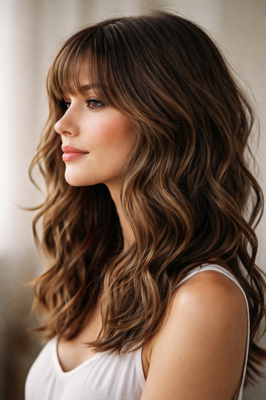 Profile of medium-length wavy hair with integrated bangs