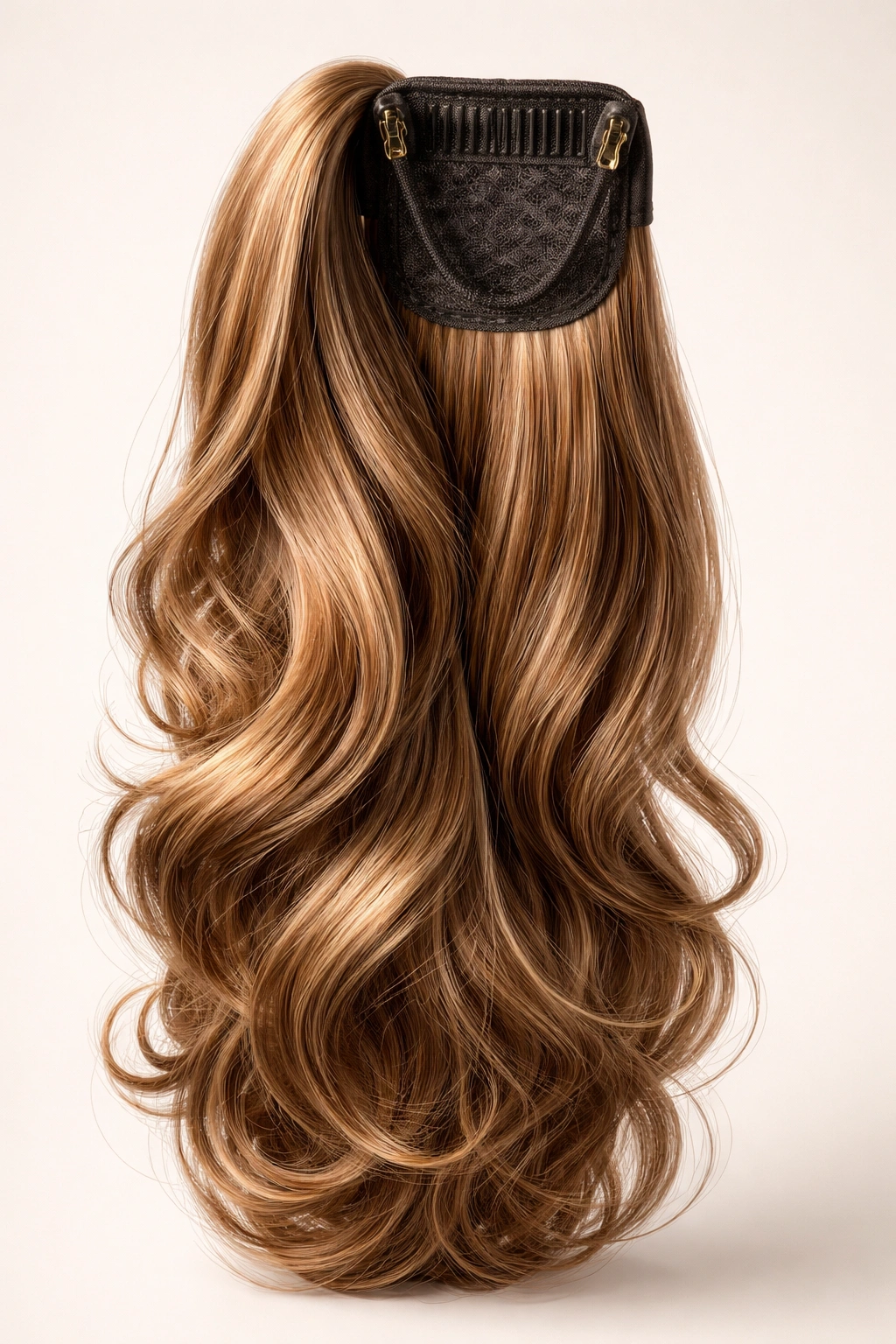 Close-up of mega-density synthetic ponytail with reinforced clip base