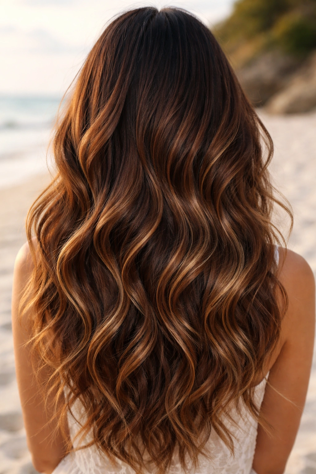 Hair with melted chocolate balayage and soft beach waves