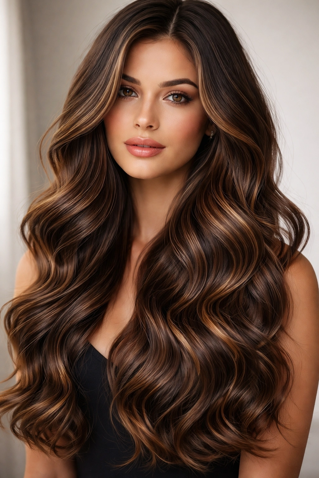 Close-up of brunette mermaid-inspired waves with highlights, showing movement