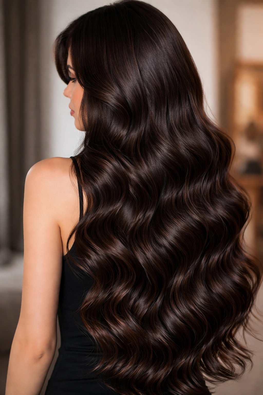 Deep chocolate brown mermaid waves cascading down
