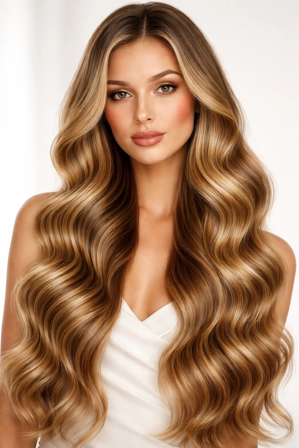 Long hair with defined mermaid waves in a polished look