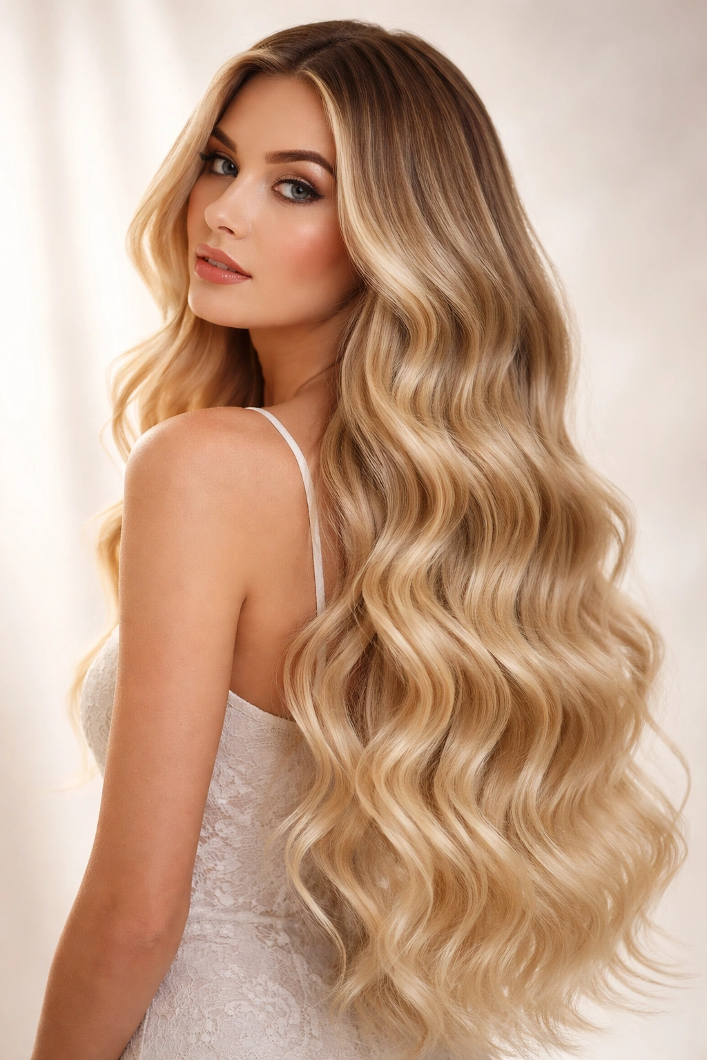 Mermaid waves with subtle ombre on long blonde hair.