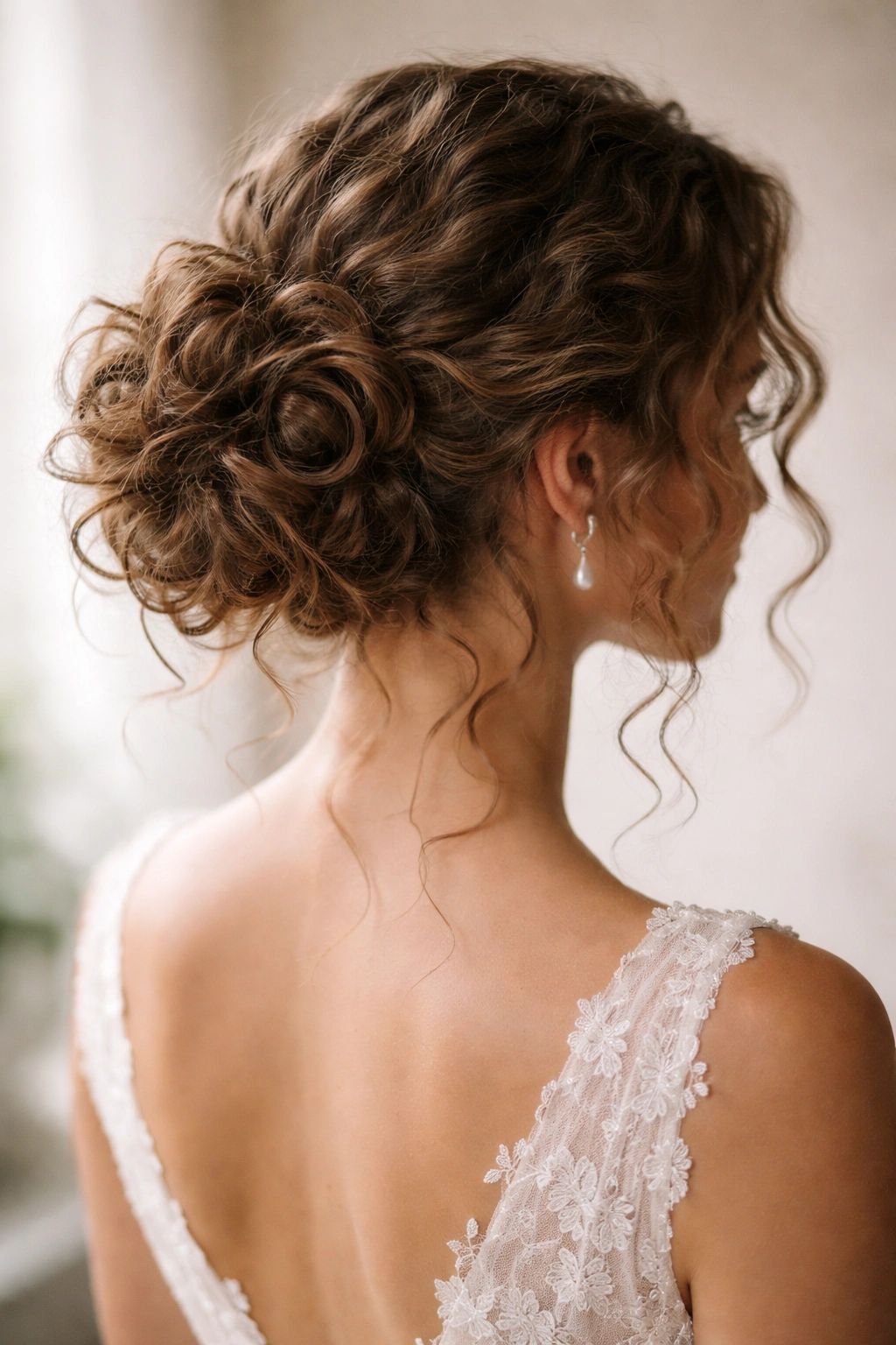 Close-up of a romantic mess bun with undone texture on curly wedding hair.