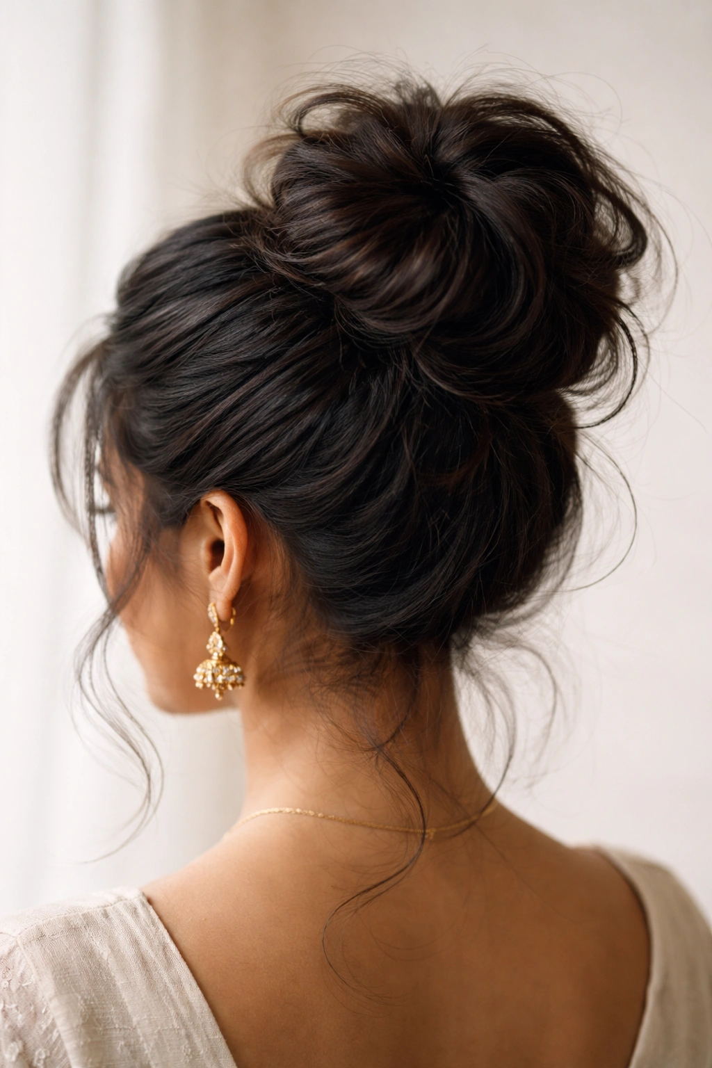 Top view of a messy ballerina bun with teased crown and secure structure