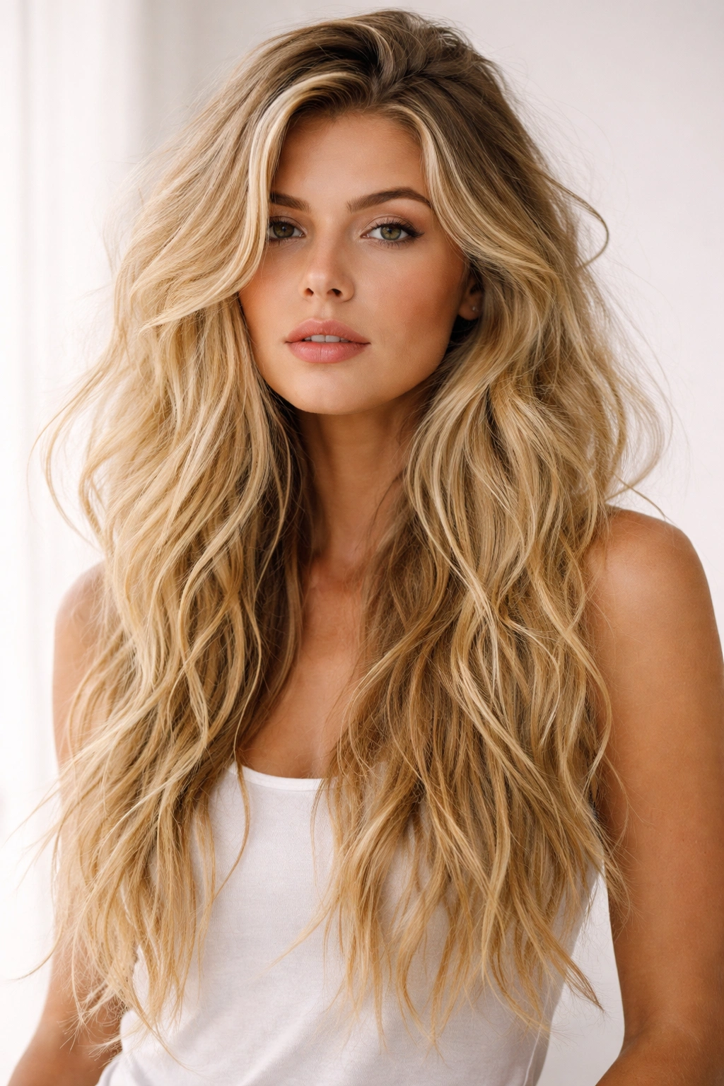 Blonde hair styled in messy bedhead waves with tousled texture.