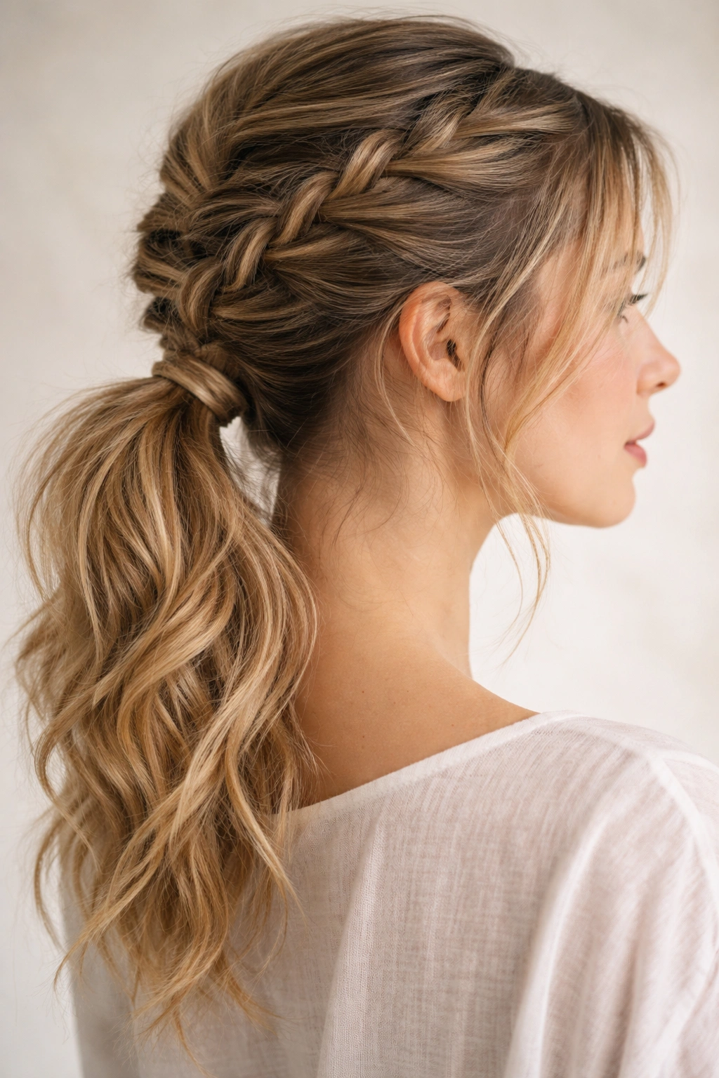 Close-up view of a messy textured French braid ponytail with loose strands