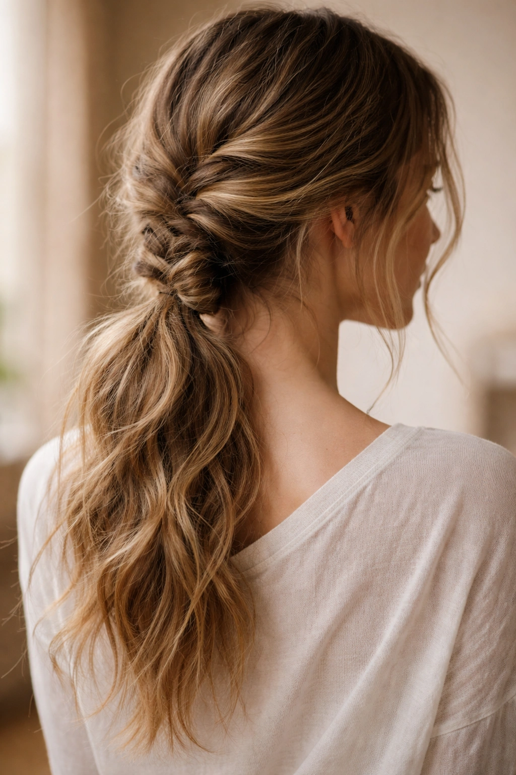 Messy textured braid low ponytail with relaxed, undone look.