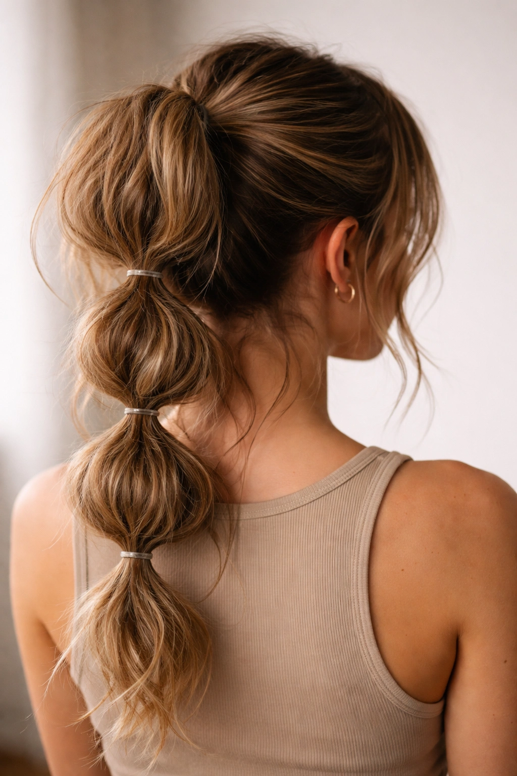 Back view of a high bubble ponytail with elastic-segmented sections