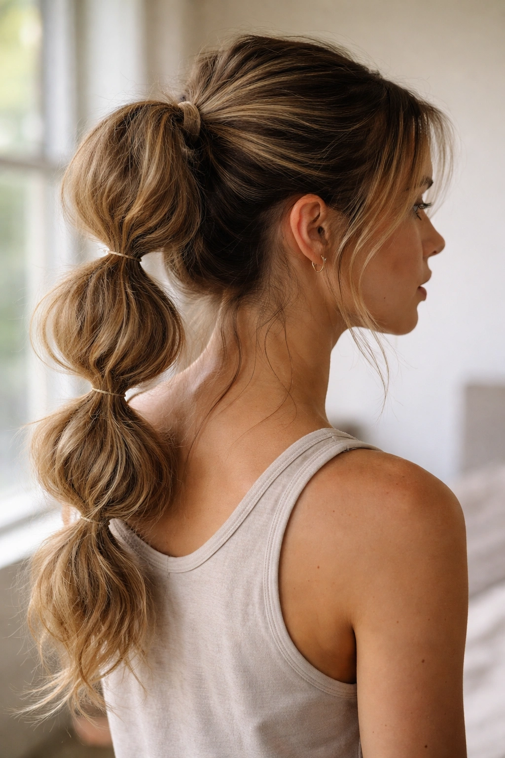 Messy bubble ponytail with textured bubbles and natural flyaways