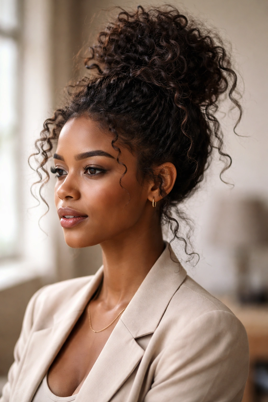 Close-up of a messy top knot bun on textured Afro hair with loose strands