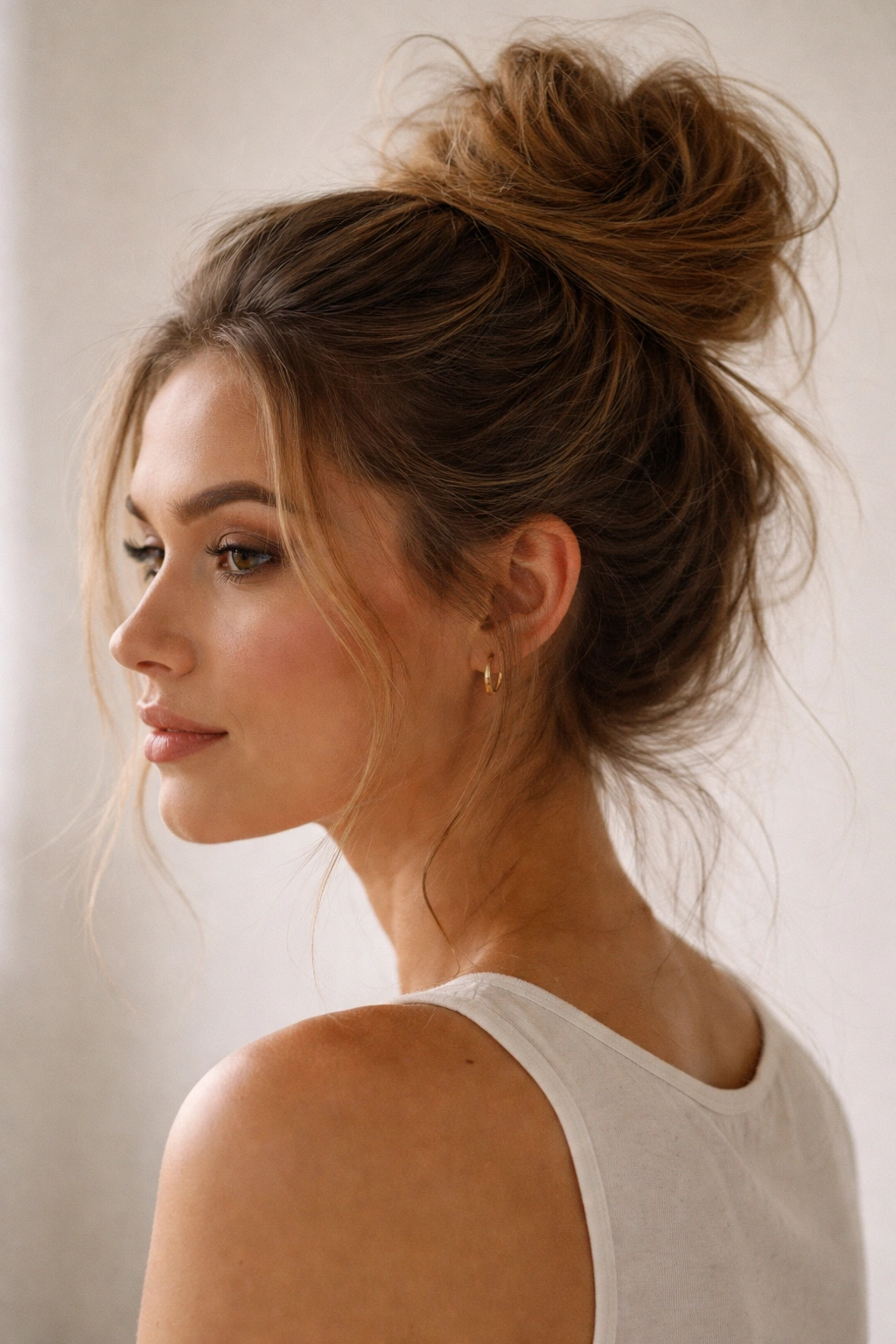 Close-up of a classic high messy bun on second-day textured hair with flyaways