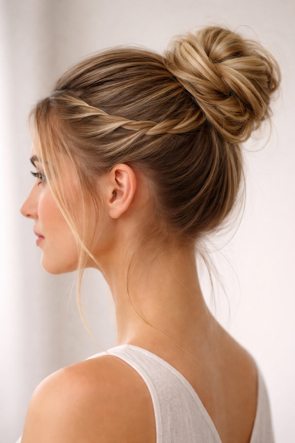 Side-profile view of two crown twists forming a halo around a central bun on straight hair