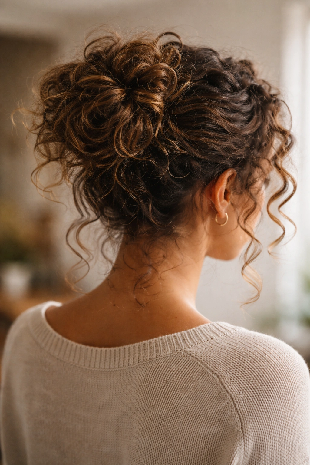 Messy bun hairstyle on curly hair with loose strands