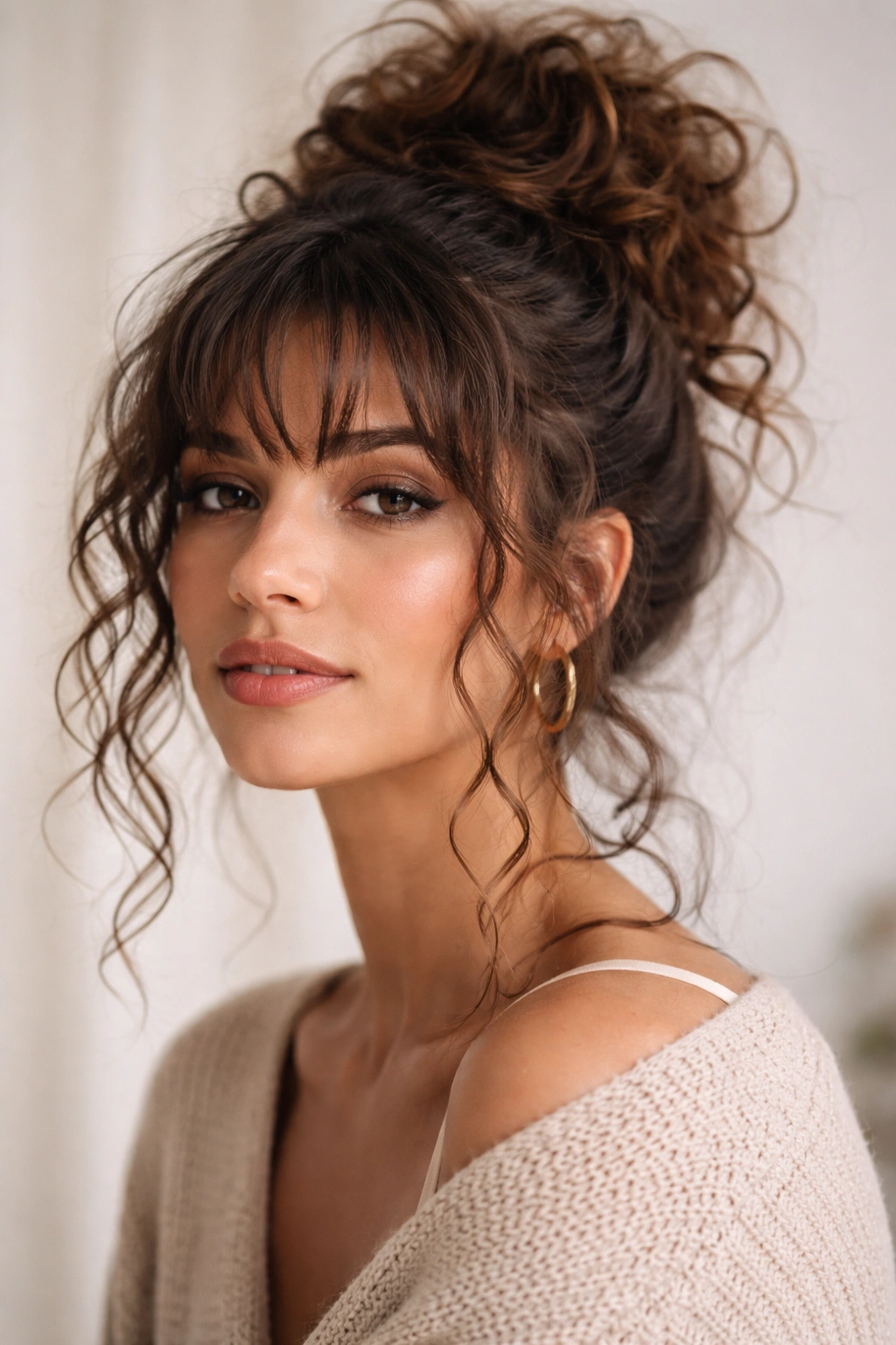 Close-up of a loosely gathered curly bun with wisps