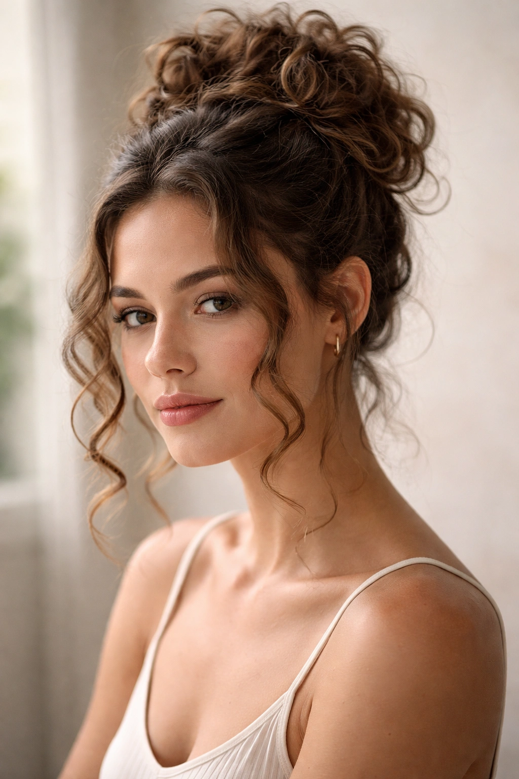 Messy bun with face-framing curls on curly hair