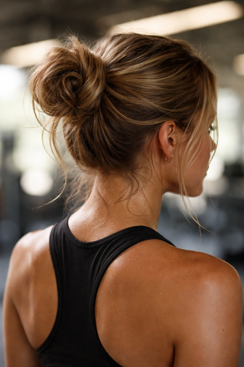 Close-up of a messy bun with loose strands and sweat during a workout