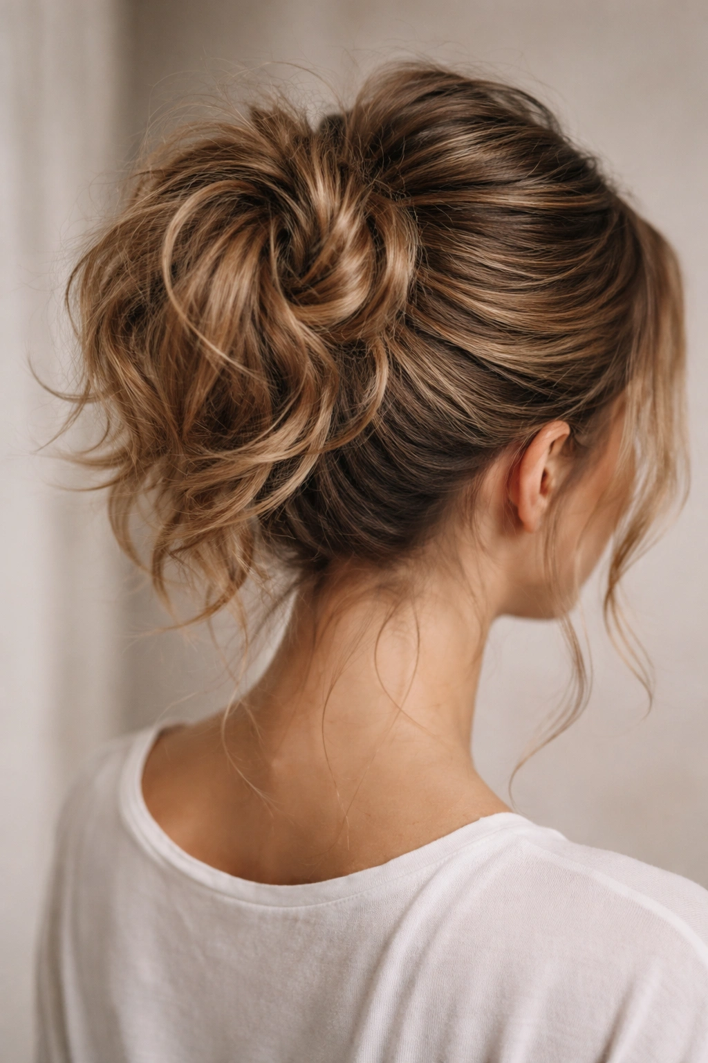 Close-up of a realistic messy bun made with a faux ponytail blending into natural hair.