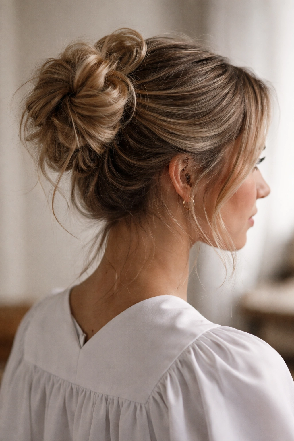 Close-up of a textured messy bun with loose strands framing the face.
