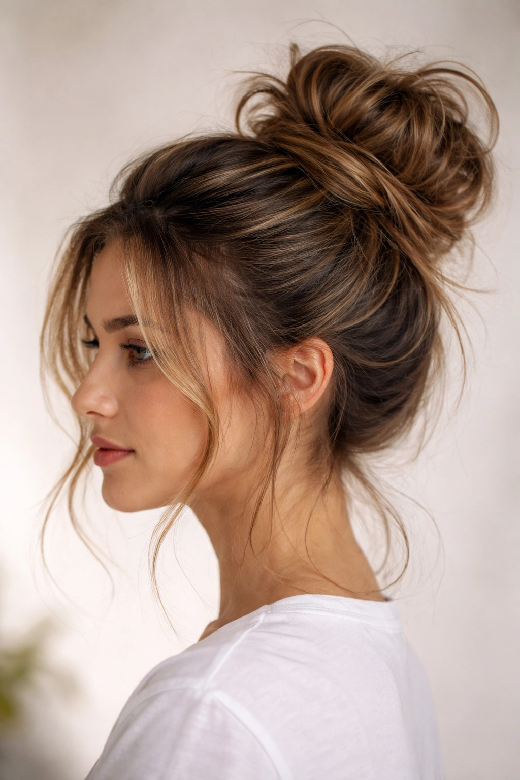 Close-up of a textured messy bun with loose strands framing the face