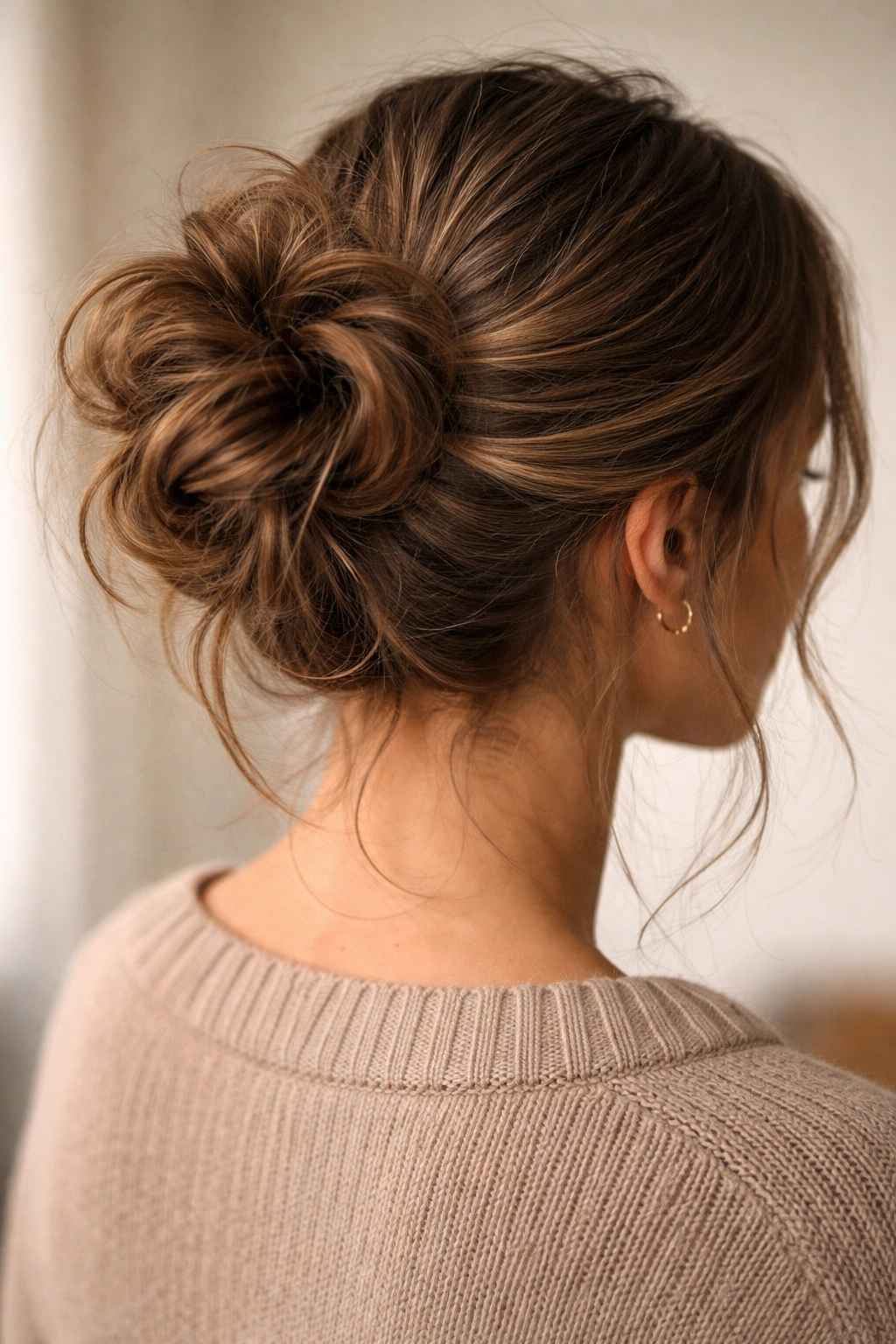 Textured, secure messy bun with waves and discreet pins.