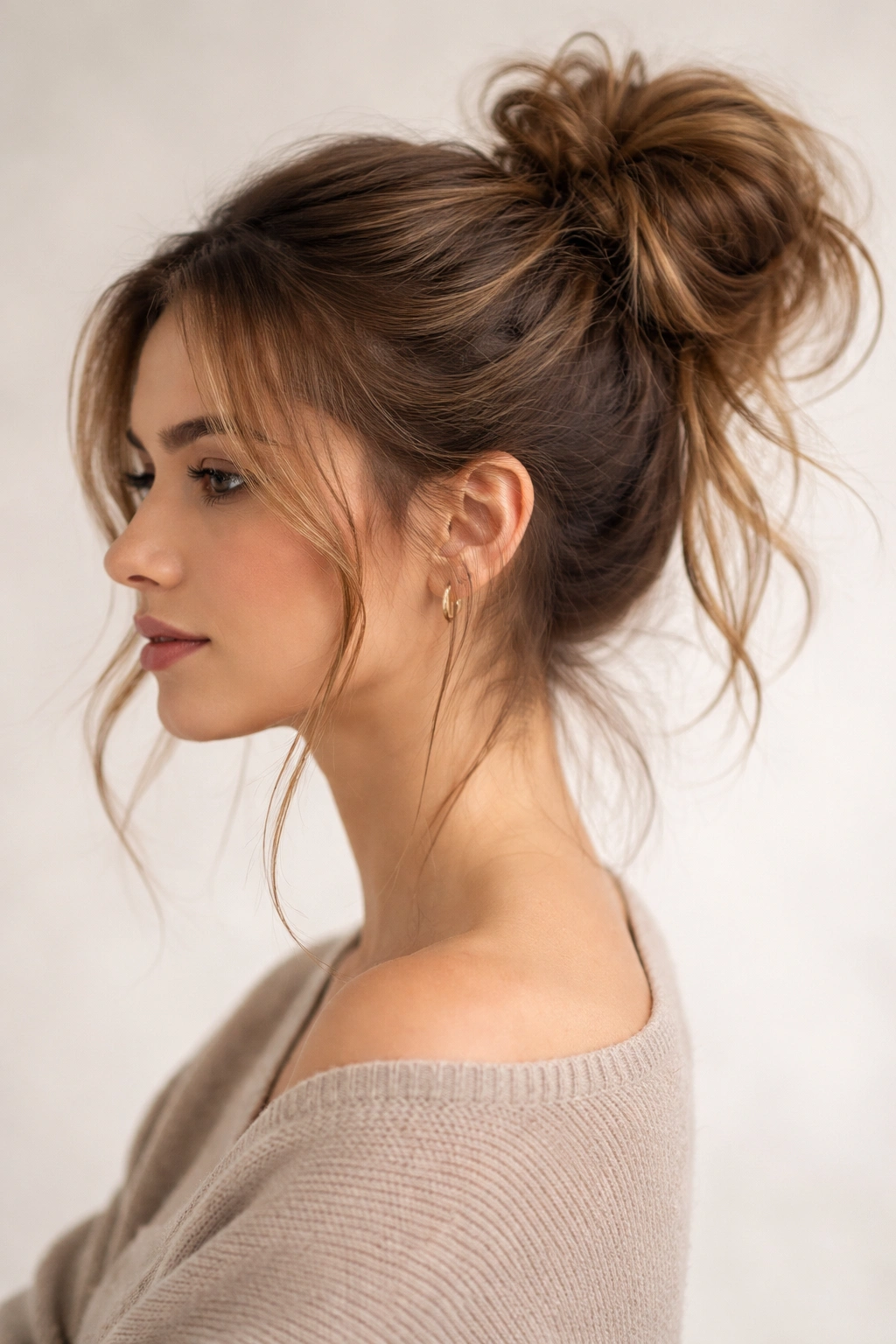 Side angle of a messy bun ponytail with wispy strands framing the face