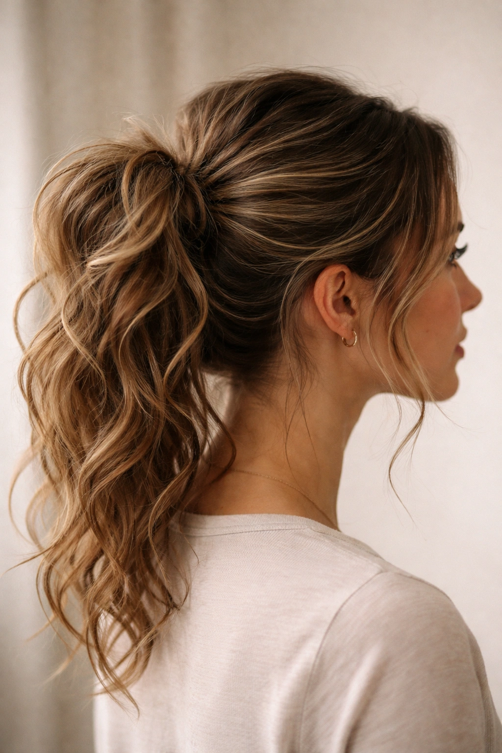 Messy bun ponytail hybrid with visible waves