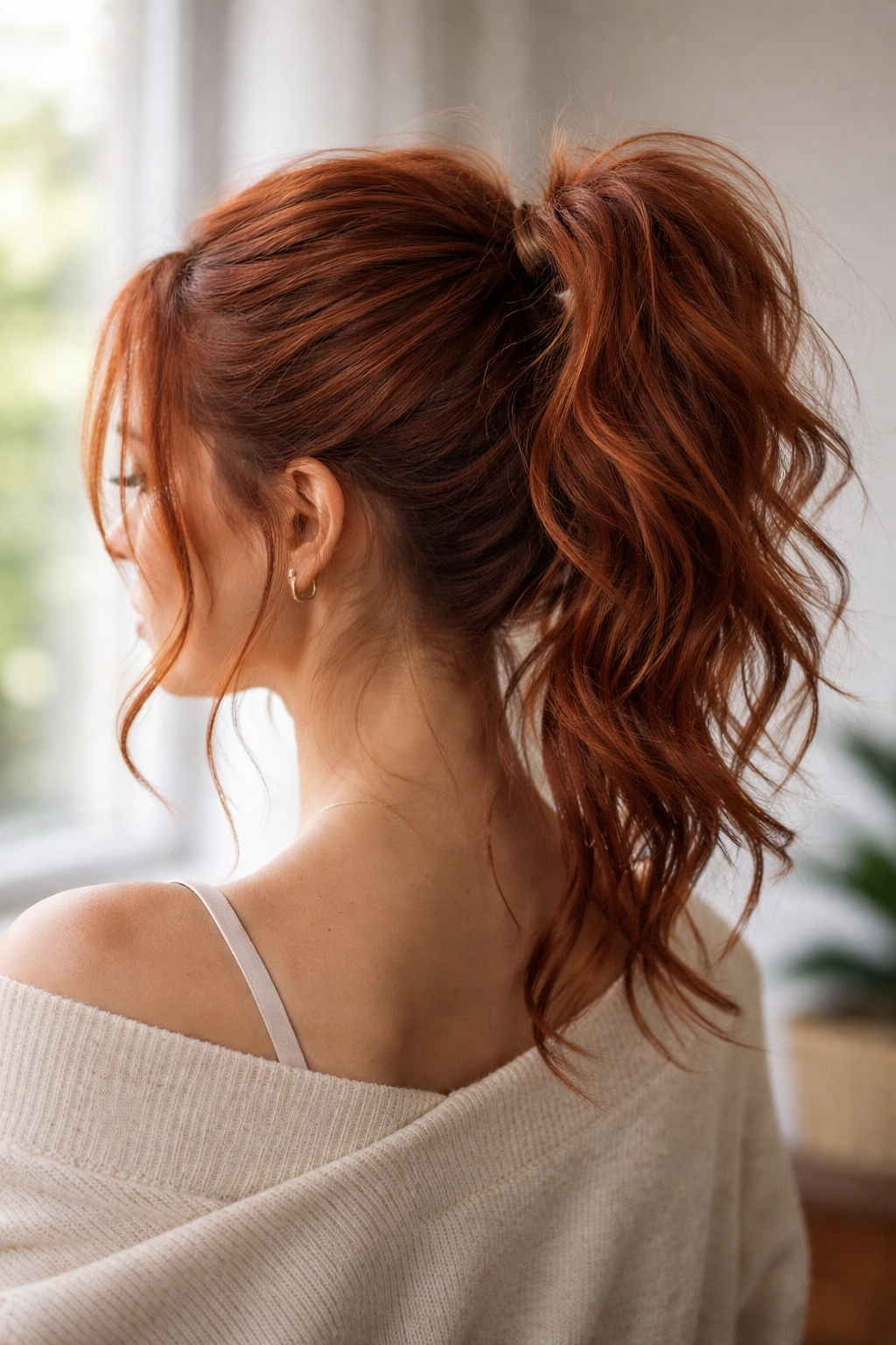 High ponytail with a loose messy bun and face-framing pieces