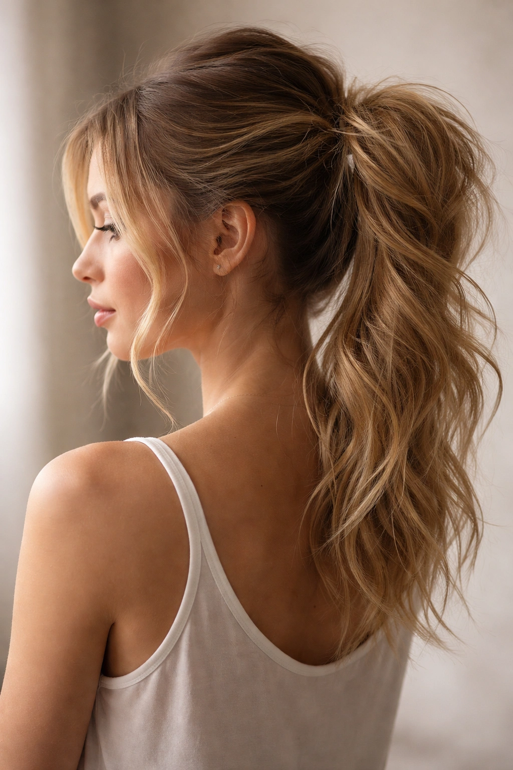 Mid-height ponytail with a loose bun at base creating a hybrid look