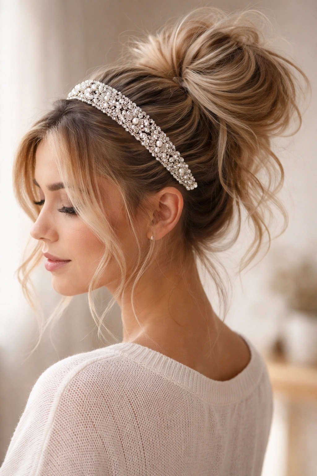 Messy bun ponytail with embellished headband shows texture and ease