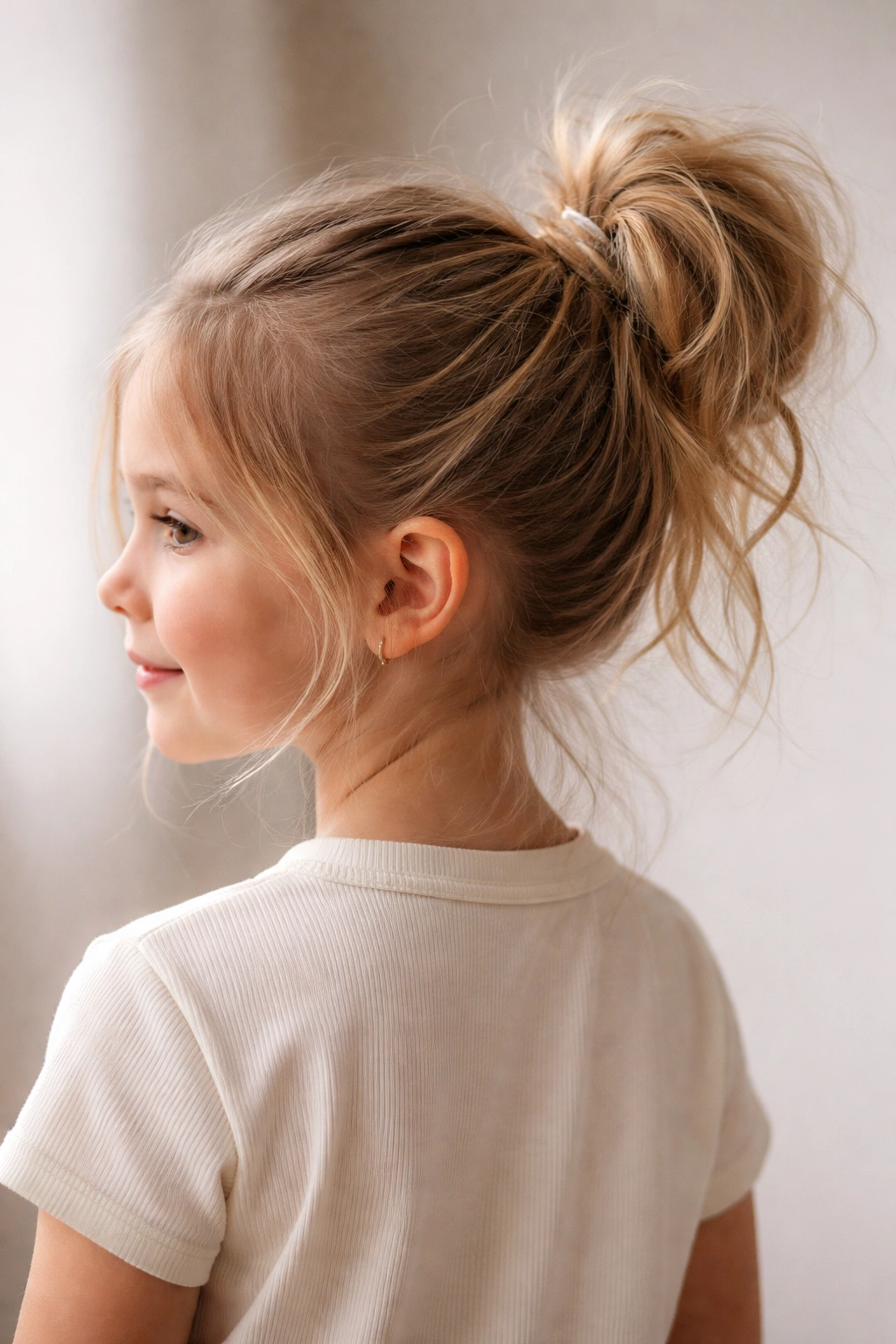 High textured bun ponytail with loose flyaways on a child's head
