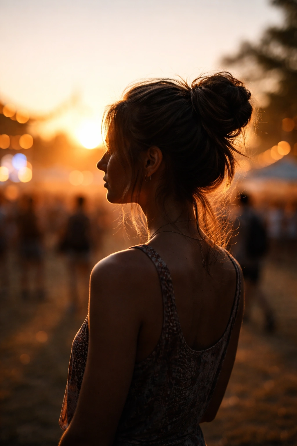 Silhouette of a person with a messy bun at dusk with festival backdrop